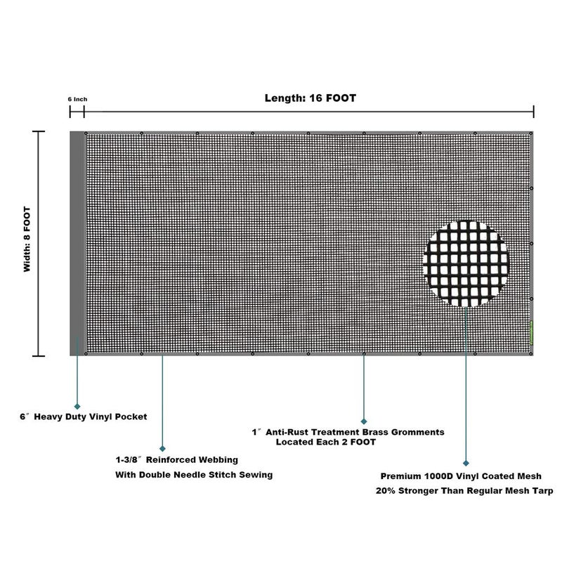 Leaveshade Dump Truck Mesh Tarp 8'X16'-Tentproinc Heavy Duty Cover with 6'' Pocket, No Rust Thicker Copper Eyelets, Reinforced Double Stitch Webbing Ripping Tearing Stop, Zip Bag Packed - Image 5
